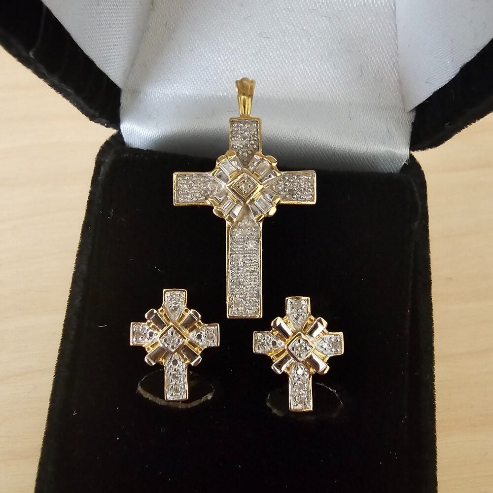 Danbury Mint Clip On Earrings and Cross Pendant Set